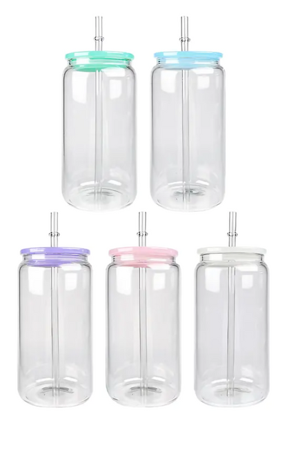 16oz Clear Glass Beer Can with Colorful Lid and Straw