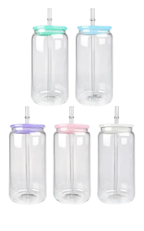 16oz Clear Sublimation UVDTF Vinyl Glass Can with Colorful PP Lid and Straw