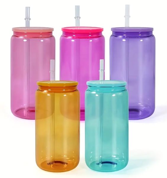 16oz Sublimation UVDTF Vinyl Jelly Glass Can With Colorful Lid and Straw