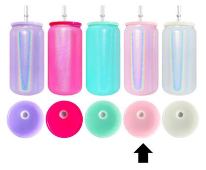 16oz Rainbow Shimmer Sublimation UVDTF Vinyl Glass Can with Matching Lid and Straw