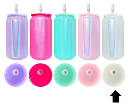 16oz Rainbow Shimmer Sublimation UVDTF Vinyl Glass Can with Matching Lid and Straw