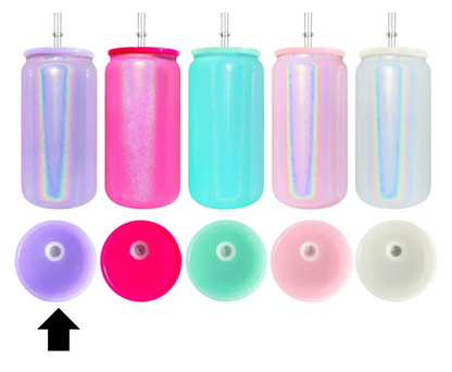 16oz Rainbow Shimmer Sublimation UVDTF Vinyl Glass Can with Matching Lid and Straw