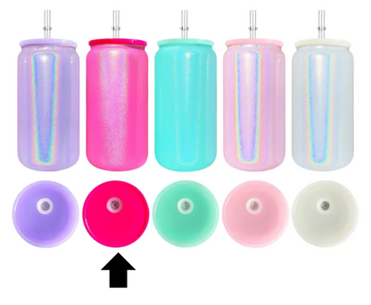 16oz Rainbow Shimmer Sublimation UVDTF Vinyl Glass Can with Matching Lid and Straw