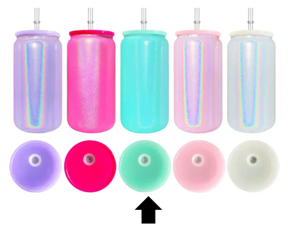 16oz Rainbow Shimmer Sublimation UVDTF Vinyl Glass Can with Matching Lid and Straw